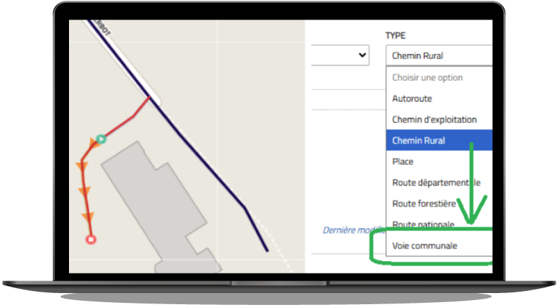 Sélection d’un tronçon de voie dans Mon Territoire Voirie et modification du type de voie en “voie communale” pour la mise à jour du linéaire DGF.